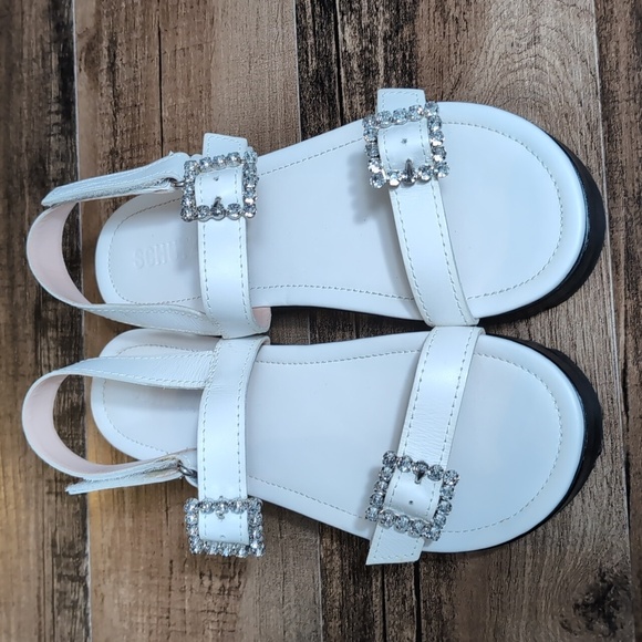 Schutz Ruth Embellished Leather Flatform Slingback Sandals Size 8.0 In White 1.5 - Picture 2 of 12